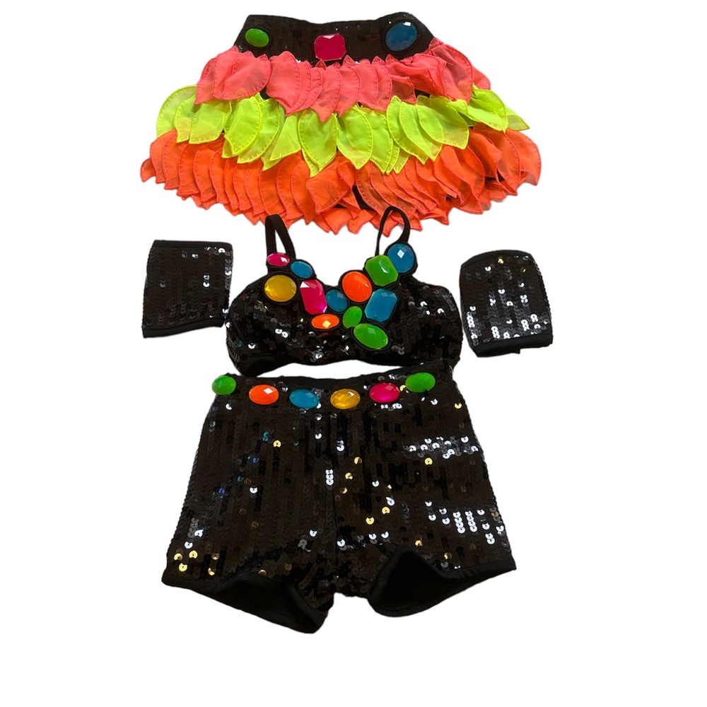Kids Black Sequin Dance Costume with Neon Accents